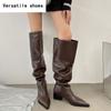 Street Style Pleated Women Knee High Boots Fashion Pointed Toe Long Booties Designer Square Heels Botas De Mujer