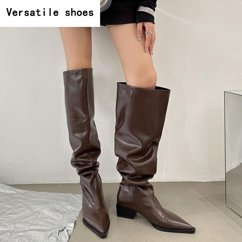 Street Style Pleated Women Knee High Boots Fashion Pointed Toe Long Booties Designer Square Heels Botas De Mujer