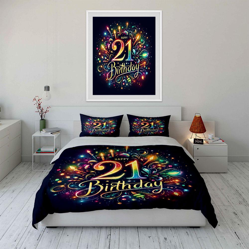 Colorful 21st Birthday Design Bedding Duvet Cover Set Duvet Cover Pillowcases  (1*Duvet Cover 2*Pillowcases, without duvet insert)