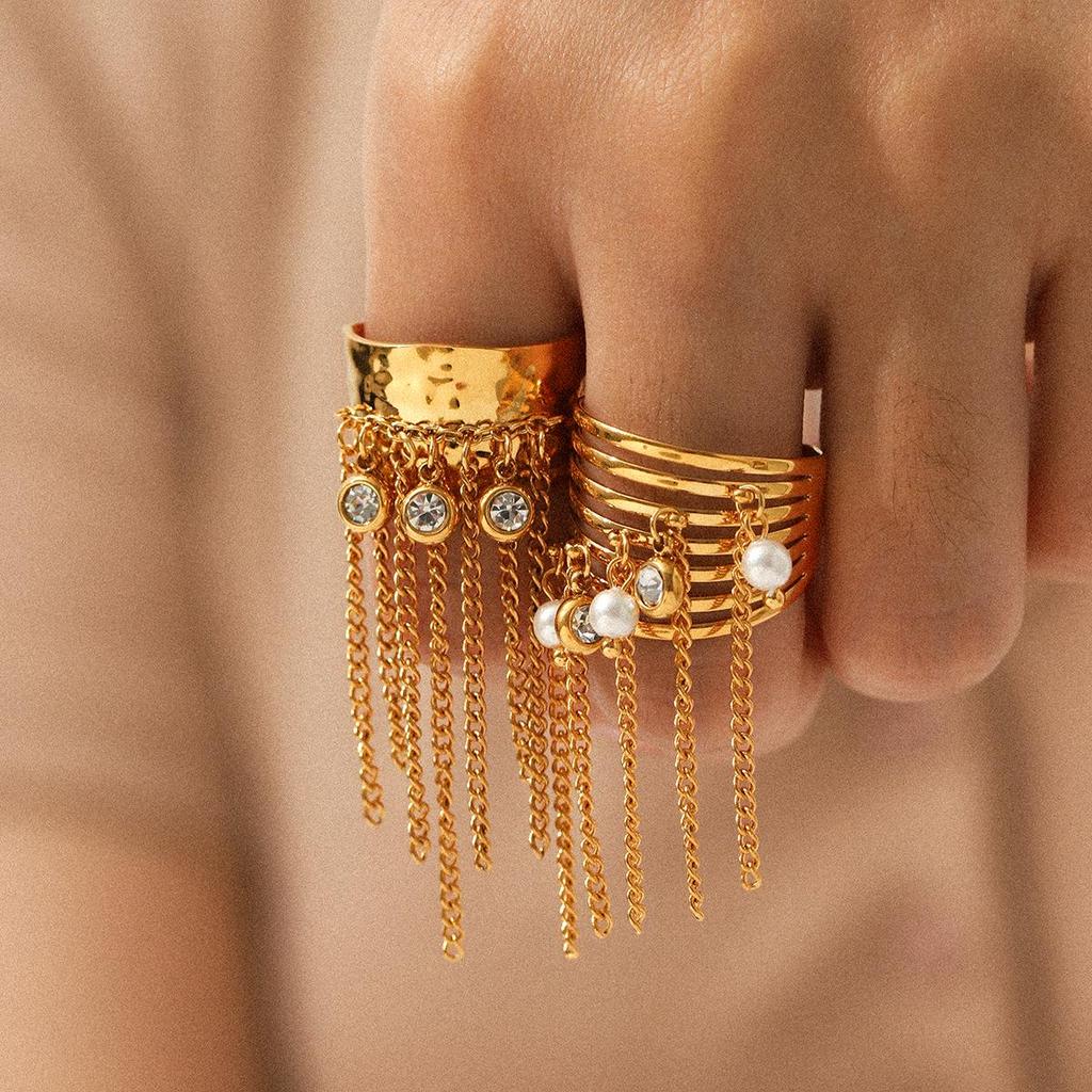 Elegant Tassel Zircon Titanium Steel Ring - Luxury, Stainless, Non-Fading