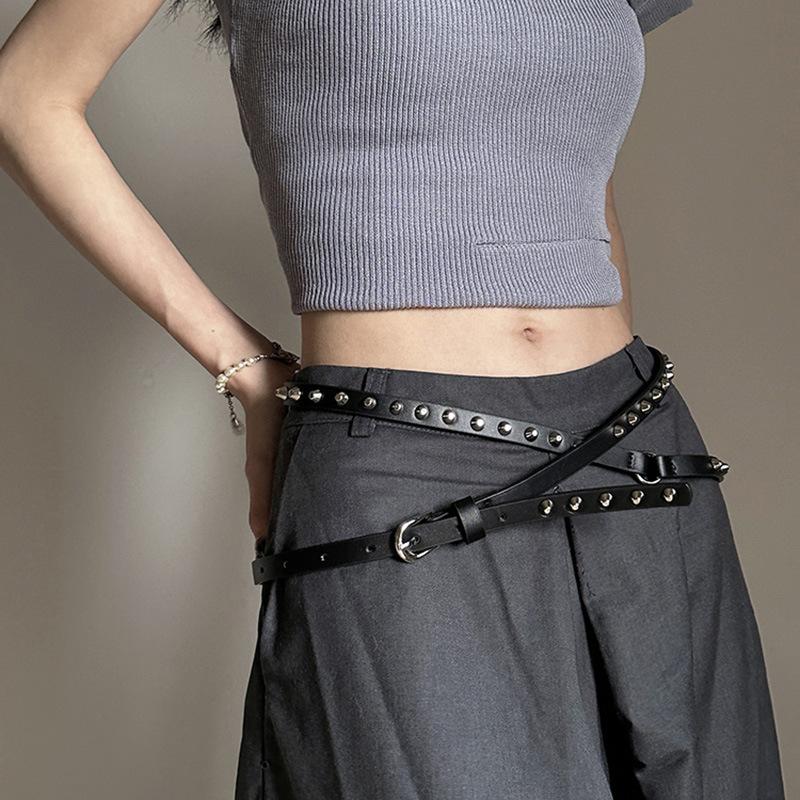 Punk Cowboy Style Double Circle Waist Belt Bucket Nail Extra Long Thin Waist Belt Casual Versatile Rivet Belt