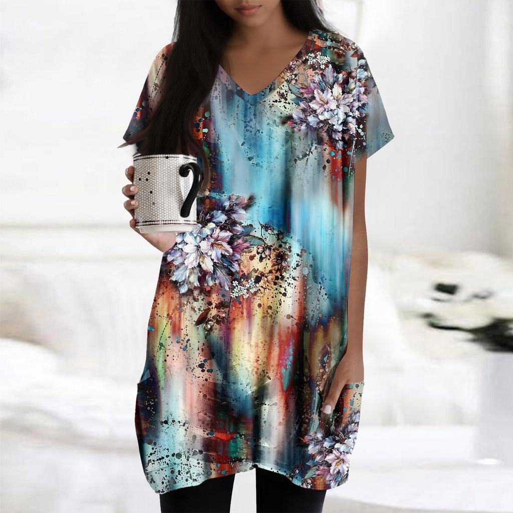 Womens Tops V-neck Short Sleeve Blouses Casual Mid-length Shirts Fashion Print Tunic Tops With Pockets