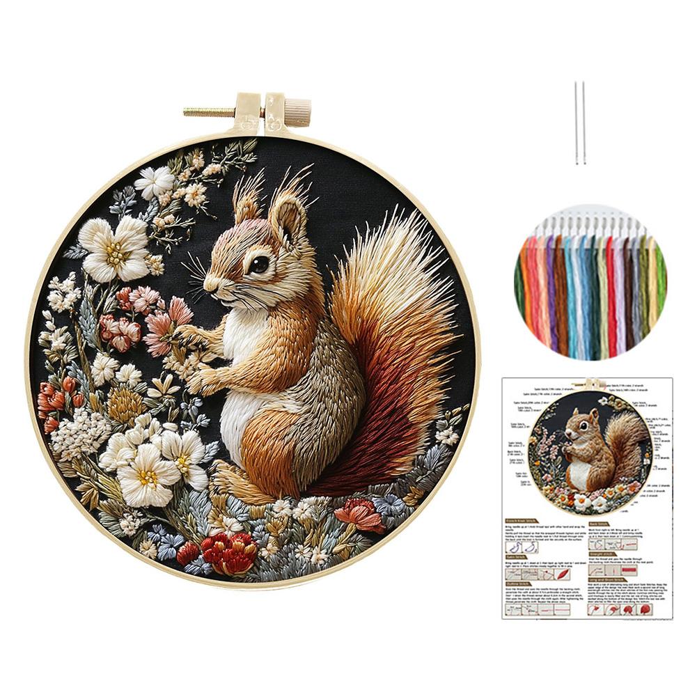 Squirrel Embroidery Kit for Beginners Pre-Printed DIY Craft Set with Hoop Handmade Craft Gift for Adults Punch Needle Kit
