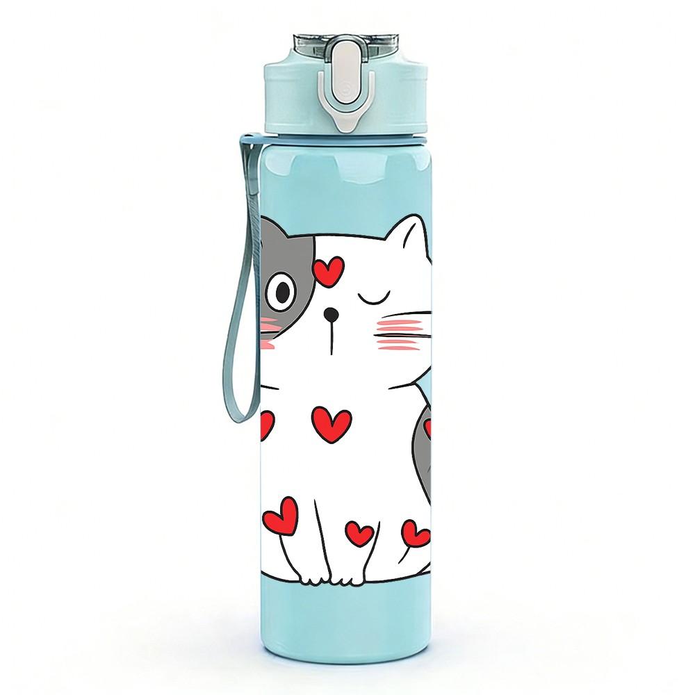 1PC Cat Red Heart Love Pattern 750ml Color Plastic Sports Water Bottle Leakproof Flip Straw Lid Suitable for Sports Office Home Use