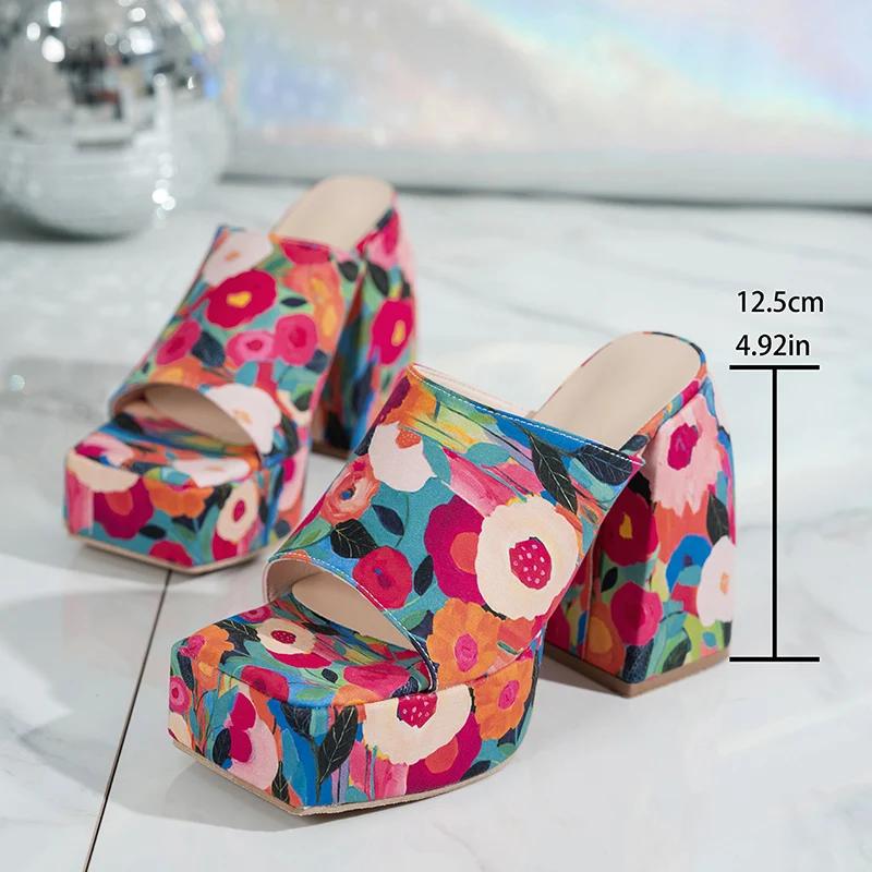 Fashion Chunky Platform Thick Heels Sandals Women Summer 2025 Super High Heeled Square Toe Mules Shoes Woman Holiday Floral Sandalias 42