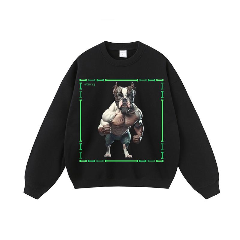 Mens Oversized Streetwear Hoodie With Dog Print Heavyweight Cotton Washed Vintage Style Loose Fit