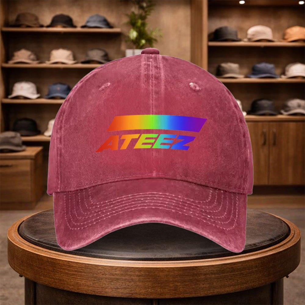 A MenS ATEEZ Rainbow Gradient Baseball Cap Adjustable And Stylish for Outdoor Use Featuring an Urban Design This Lightweight
