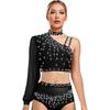 Damen Zeitgenössischer Tanz Top Asymmetrisch Transparentes Mesh Langarm Buntes Strass Crop Top