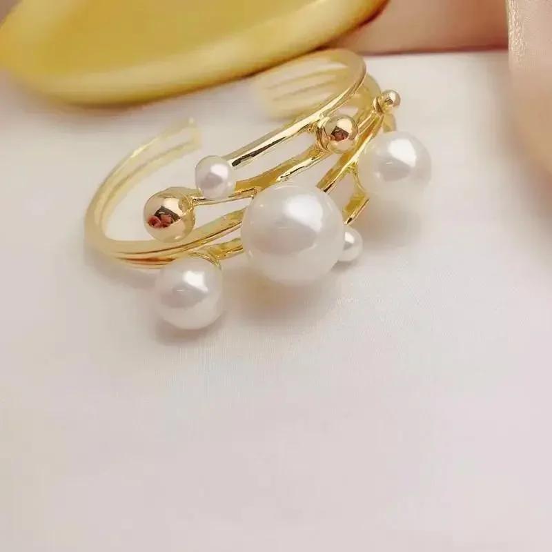 Fashionable Pearl Double Layer Hollow Bracelet for Women Girls Geometric Irregular Imitation Party Popular Jewelry Holiday Gift