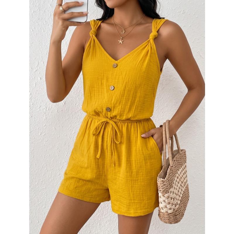 Damen Unifarben Strukturiert Verdrehte Träger Lässig Urlaub Kordelzug Ärmellos Jumpsuit Shorts