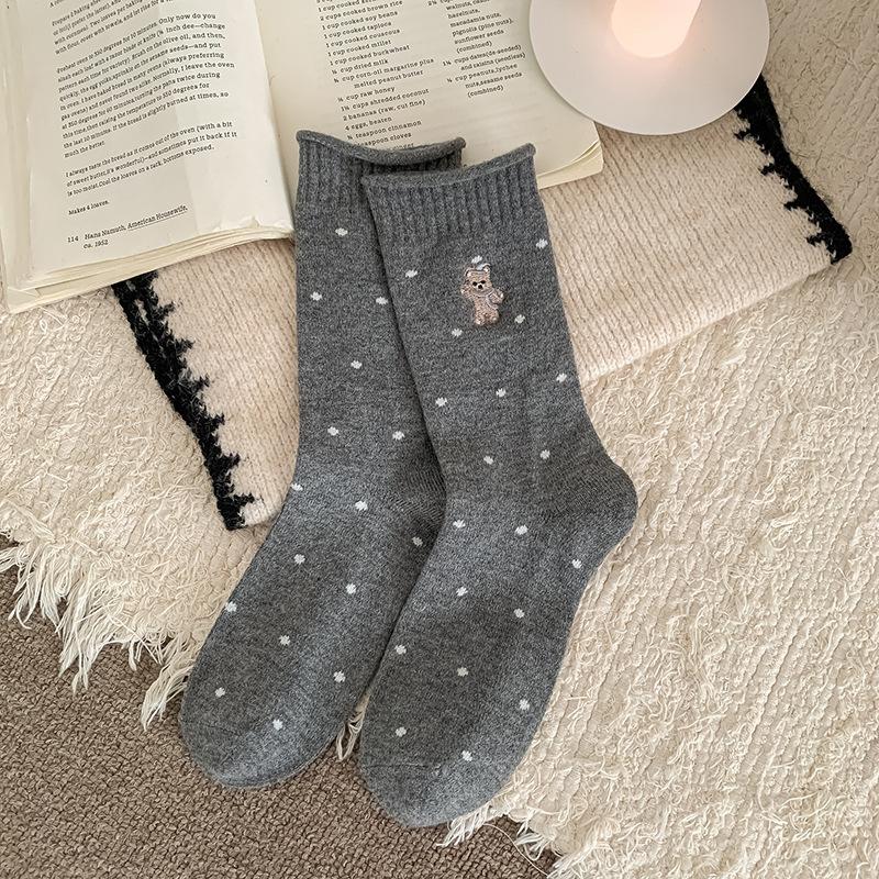 Socks Tide Cute Embroidered Bear Wool Warm Medium Tube Socks Stacking Socks