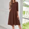 Vestido Midi Casual de Moda para Mujer con Cuello Redondo, Manga Tres Cuartos y Color