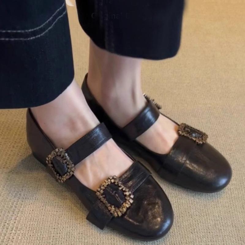 Spring Flat Shoes Women's Round Head Shallow Mouth Metal Buckle Soft Sole Non-slip Wear-resistant Single Shoes