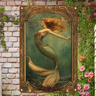Appeso a Parete in Metallo a Forma di Sirena Piatto Elegante 2D con Scena Sottomarina Vivace con Sirena dai Capelli Rossi in Cornice Dorata