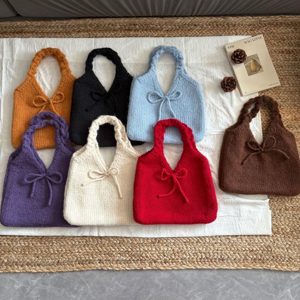 Casual Multicolor Bow Knitted Handbag Twists Soft Knitted Wrist Bag Cute Large Capacity Knit Shoulder Bag Commuting