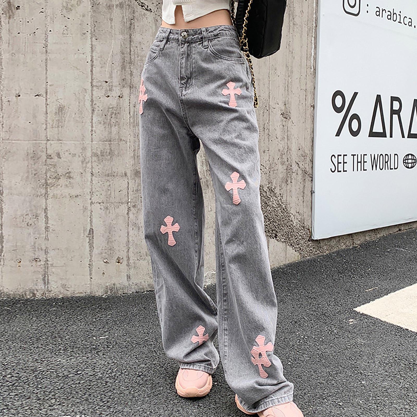 

Модные широкие джинсы в стиле ретро, ​​женские повседневные брюки с перекрестными швабрами и прямыми штанинами в американском стиле, свободные повседневные брюки с высокой талией