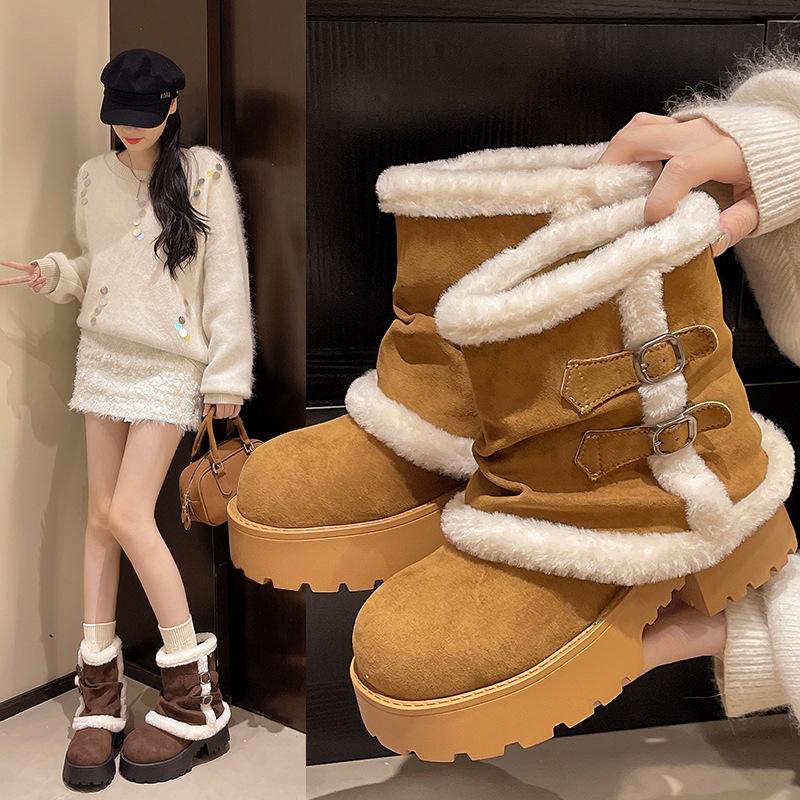Thick-soled medium tube snow boots women's 2025 new winter fur integrated fleece Altay warm wool cotton shoes