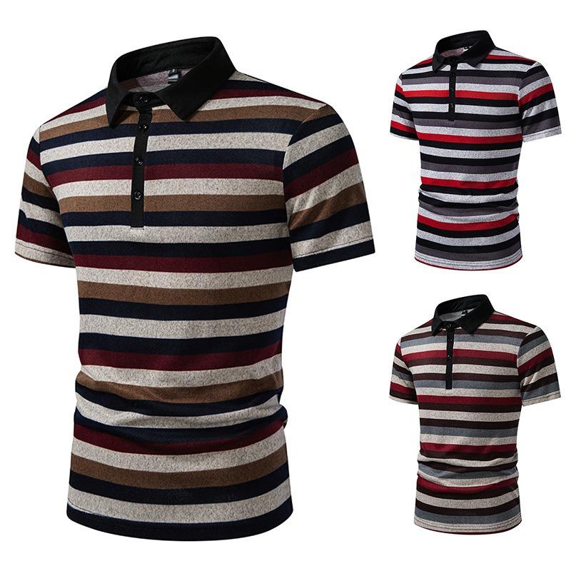 Summer New Men's Color Block Striped Lapel Short-sleeved T-shirt Men's Casual Loose T-shirt
