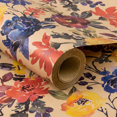 1 Roll of Kraft Paper Watercolor Floral Gift Wrapping Paper, Bold Multicolor Floral Print Gift Wrapping Roll, for Bridal Showers, Spring Parties