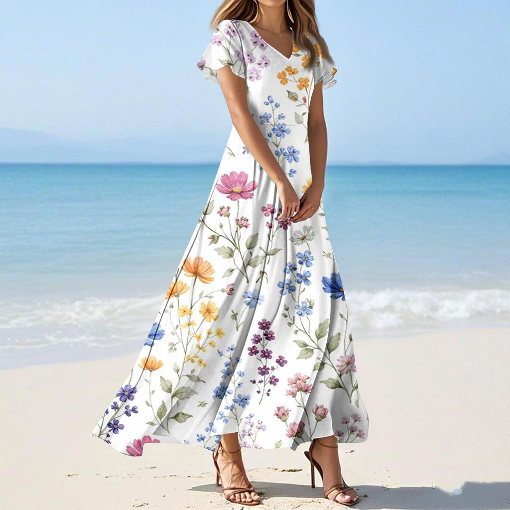 Women's Summer Casual Fashion Print Color Dresses V-Neck Short Sleeve Dresses