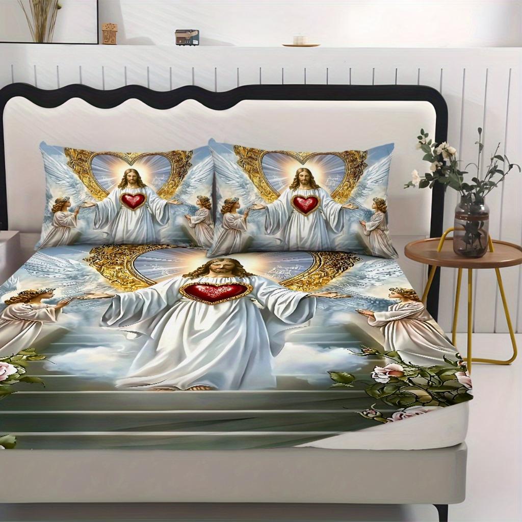 3pcs Bedding Set with a Religious Pattern Featuring Sacred Heart Angels Including a Fitted Sheet And Two Pillowcases