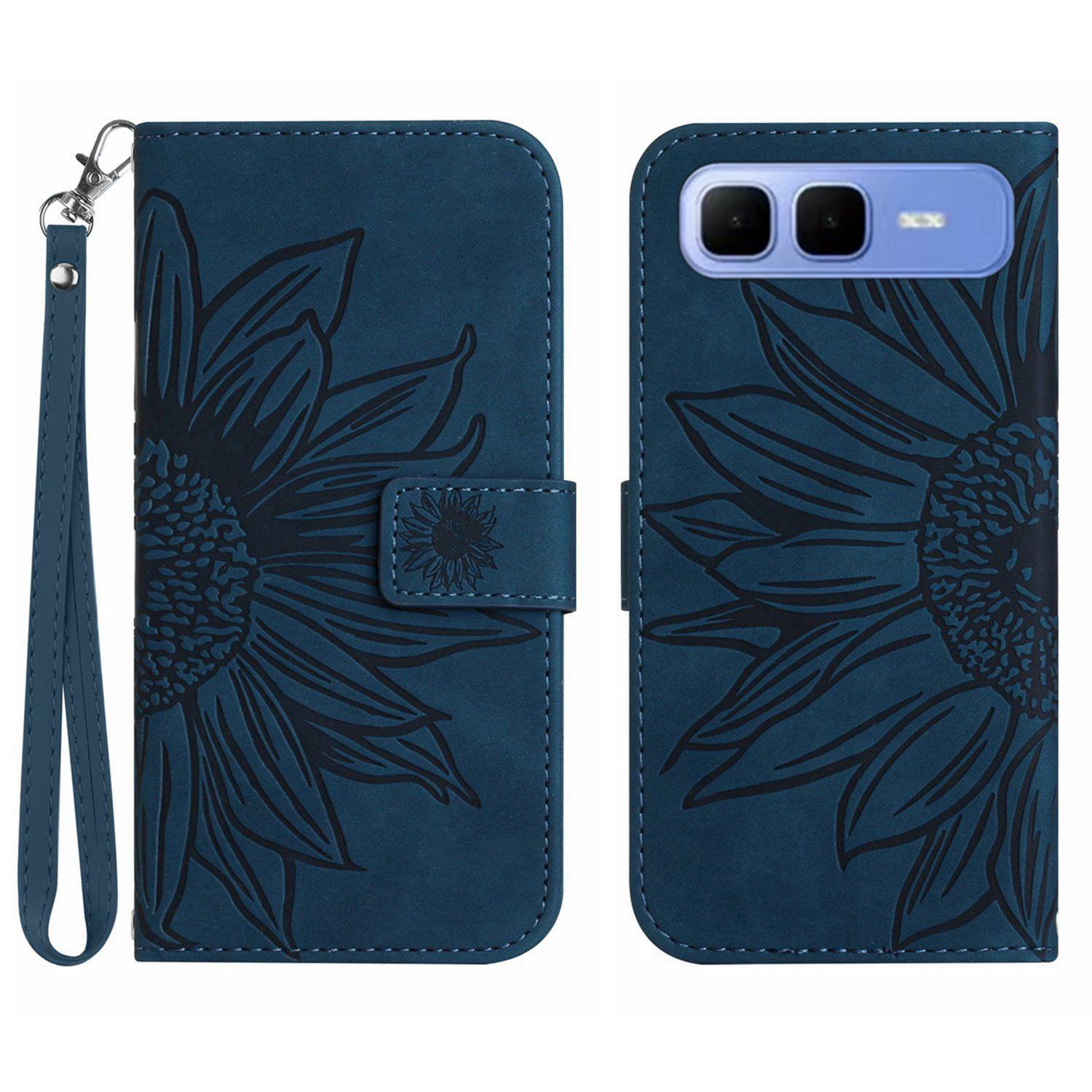 

For Infinix Smart 10 Plus Case Sunflower Imprint Leather Wallet Phone Cover with Wrist Strap Dark Blue