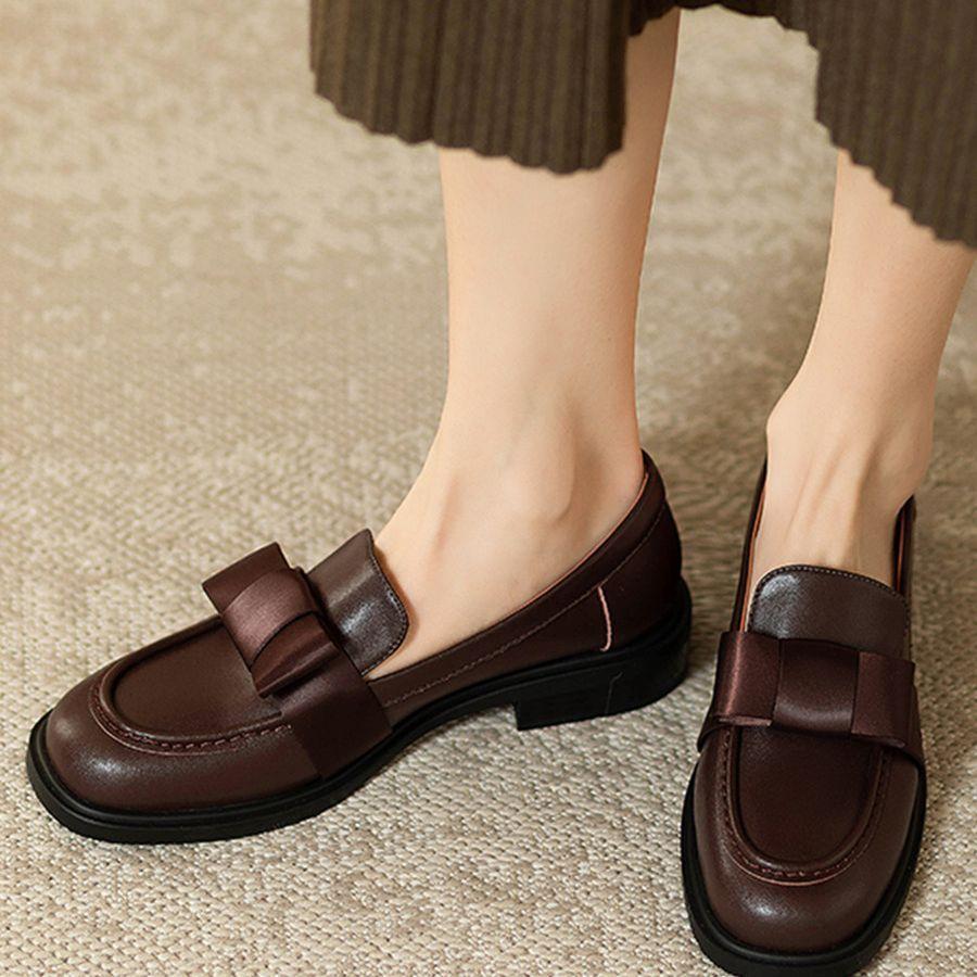 2025 Spring and Autumn New French Small Leather Shoes Women's British Style Retro Square Head Loafers Bow Mary Jane Single Shoes