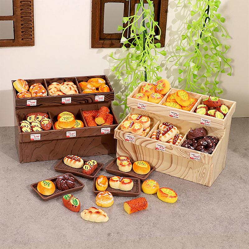 Mini Bread Cabinet For Dollhouse Miniature Bread Basket Miniature Simulation Bread Dessert Model Toys Supermarket Scene Decor