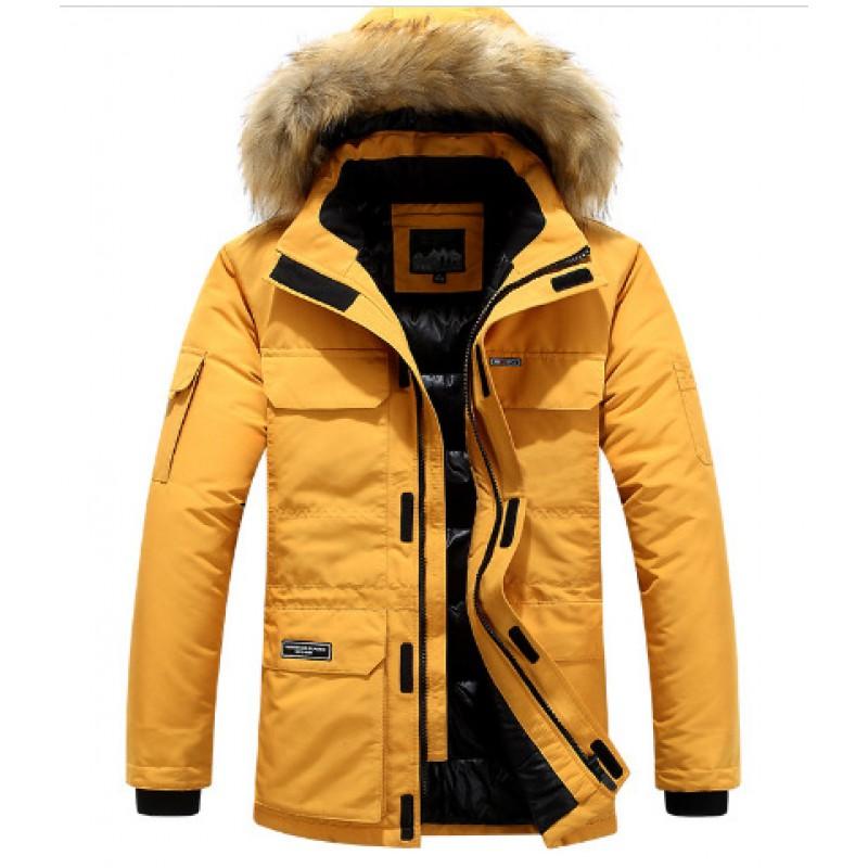 Mens Thick Warm Cotton Puffer Coat Mid-Length With Detachable Faux Fur Collar Casual Winter Outerwear Adults