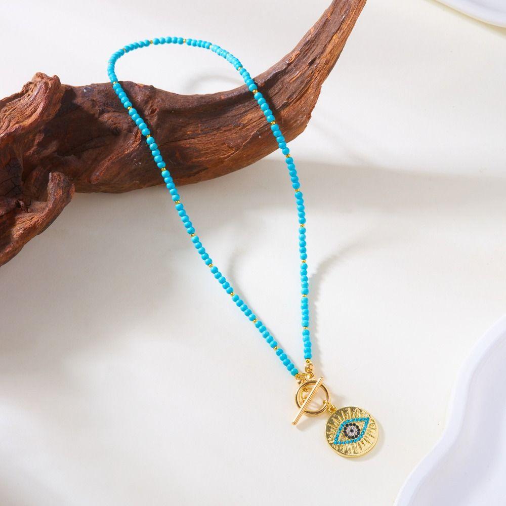 Boho Style Colorful Stone Choker 4mm Beads Beads Chain Necklace Evil Eye Charm Pendant  Women Girls