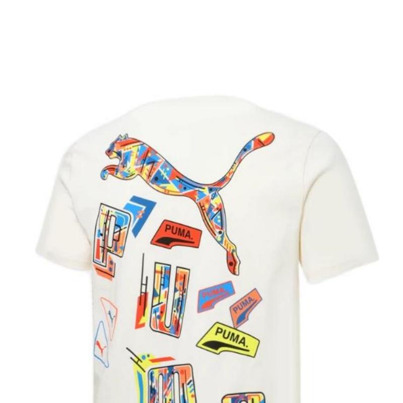 Puma Casual Cartoon Logo Print Short Sleeve T-Shirt Unisex Tops Beige 537796-65