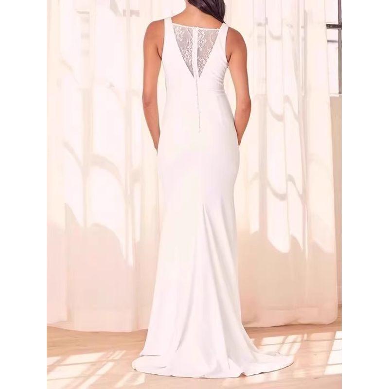 

Заказ внешней торговли Lu Jia Fashion Простой и красивый темперамент Легкое свадебное платье Кружевная отделка V-образный вырез Шлейф Элегантное качество Формальное платье White XL