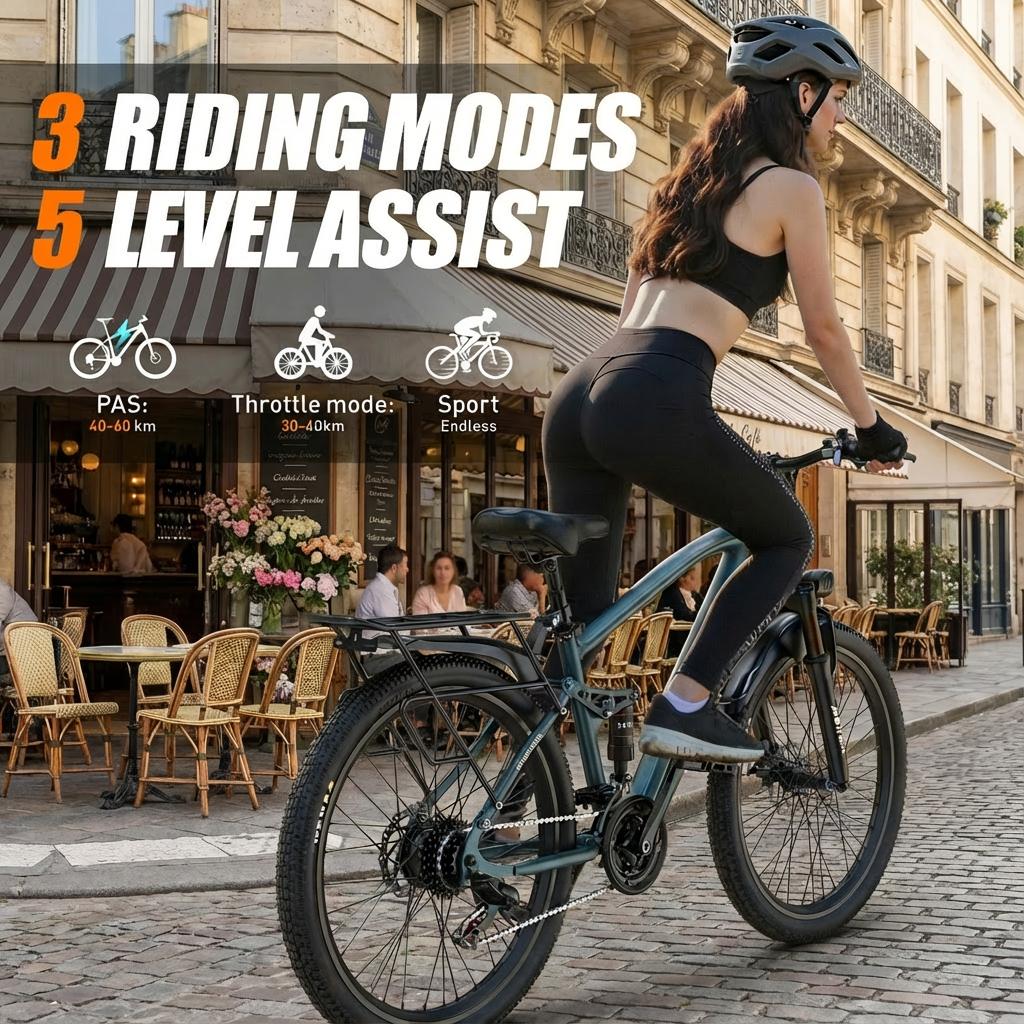 Aairsk 26" Electric Bicycle for Adults, 250W Motor 36V 13Ah Battery, 21 Speed E-Mountain Bike NFC Unlock