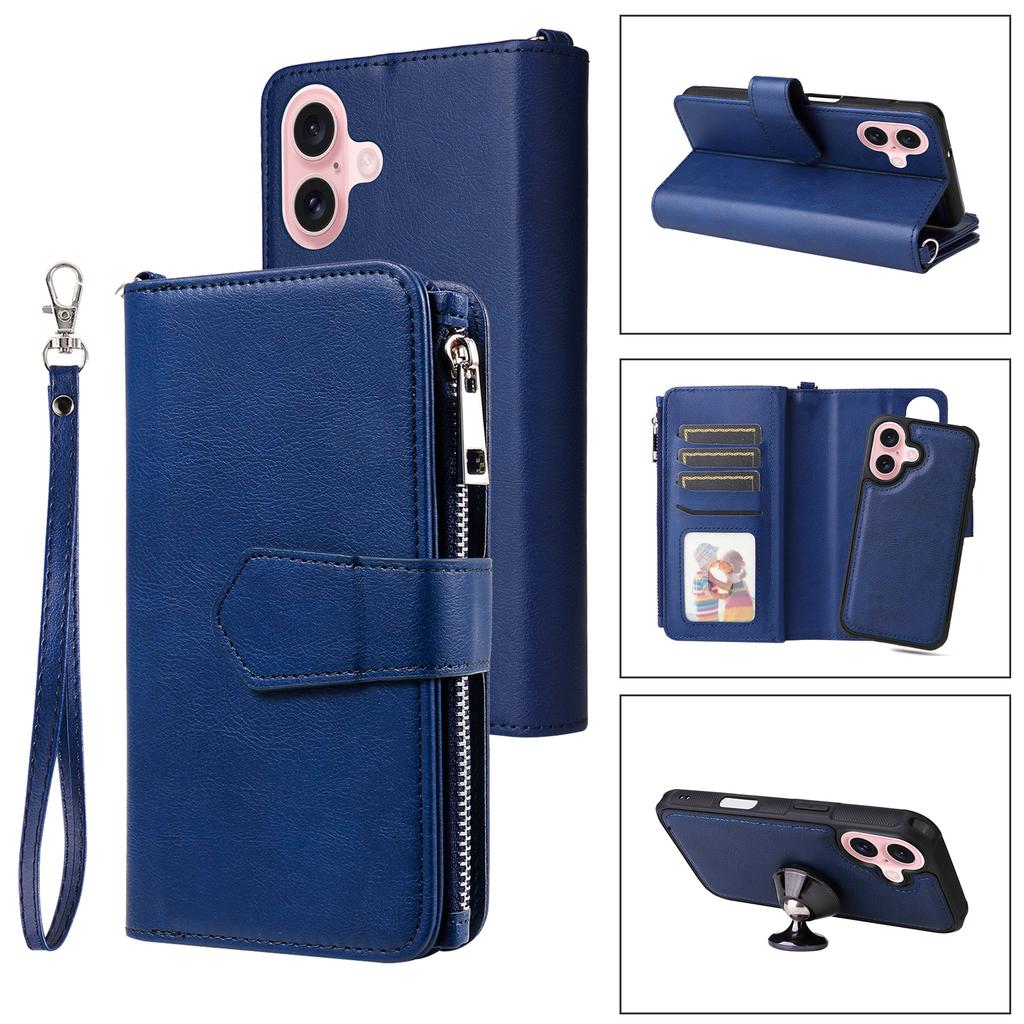 For iPhone 16 Magnetic Leather Case Mobile Cover with Detachable Zipper Wallet Strap