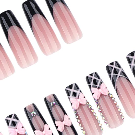 24 Pezzi Unghie Finte Francesi Rosa con Fiocco e Strass, Unghie Finte Lunghe 3D con Charms, Colla per Manicure Fai-da-Te