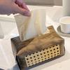 PU Leather Tissue Box with Wood Grain Texture, Multi-Scenario Luxury Napkin Holder for Hotel/Home/Car, Scratch-Resistant Surface