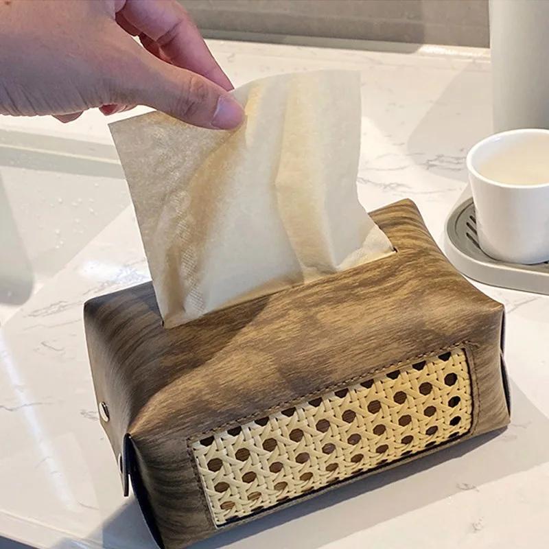 PU Leather Tissue Box with Wood Grain Texture, Multi-Scenario Luxury Napkin Holder for Hotel/Home/Car, Scratch-Resistant Surface