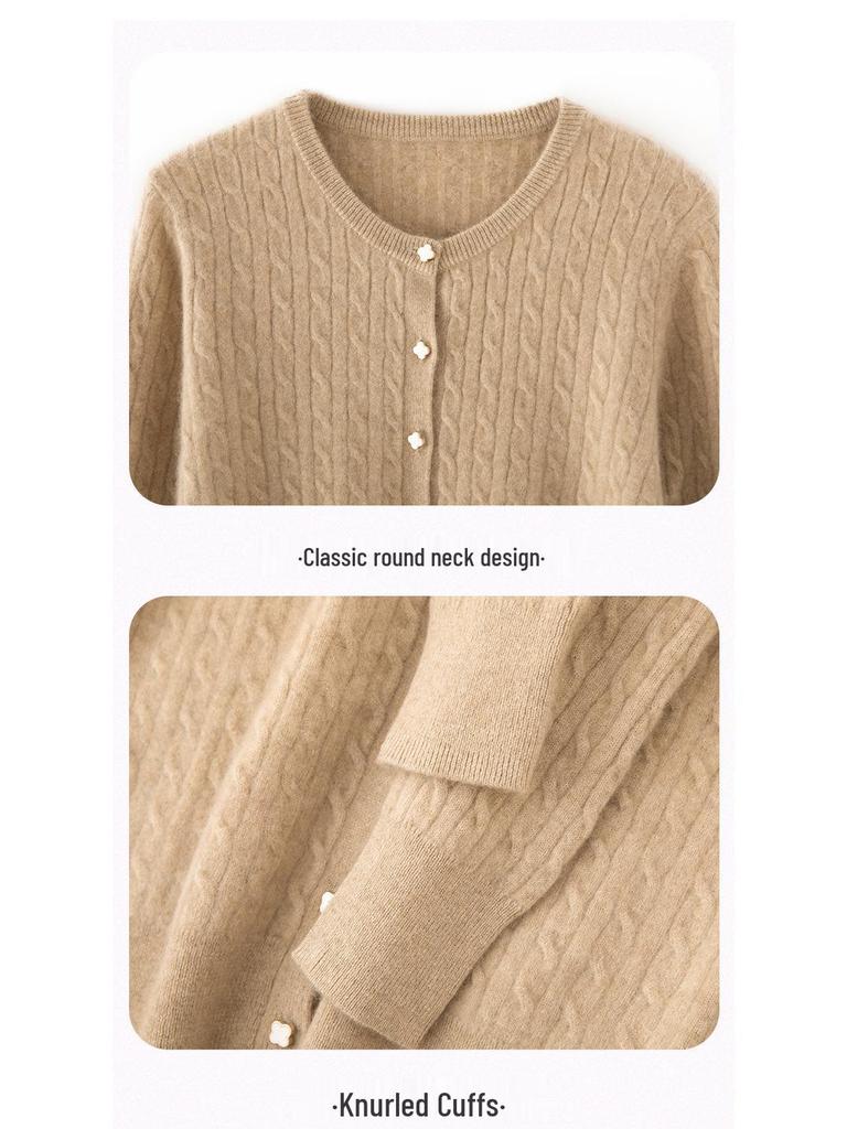 Damski kardigan z kaszmiru z warkoczowym splotem z okrągłym dekoltem – Styl koreański, dopasowany krój na jesień i zimę