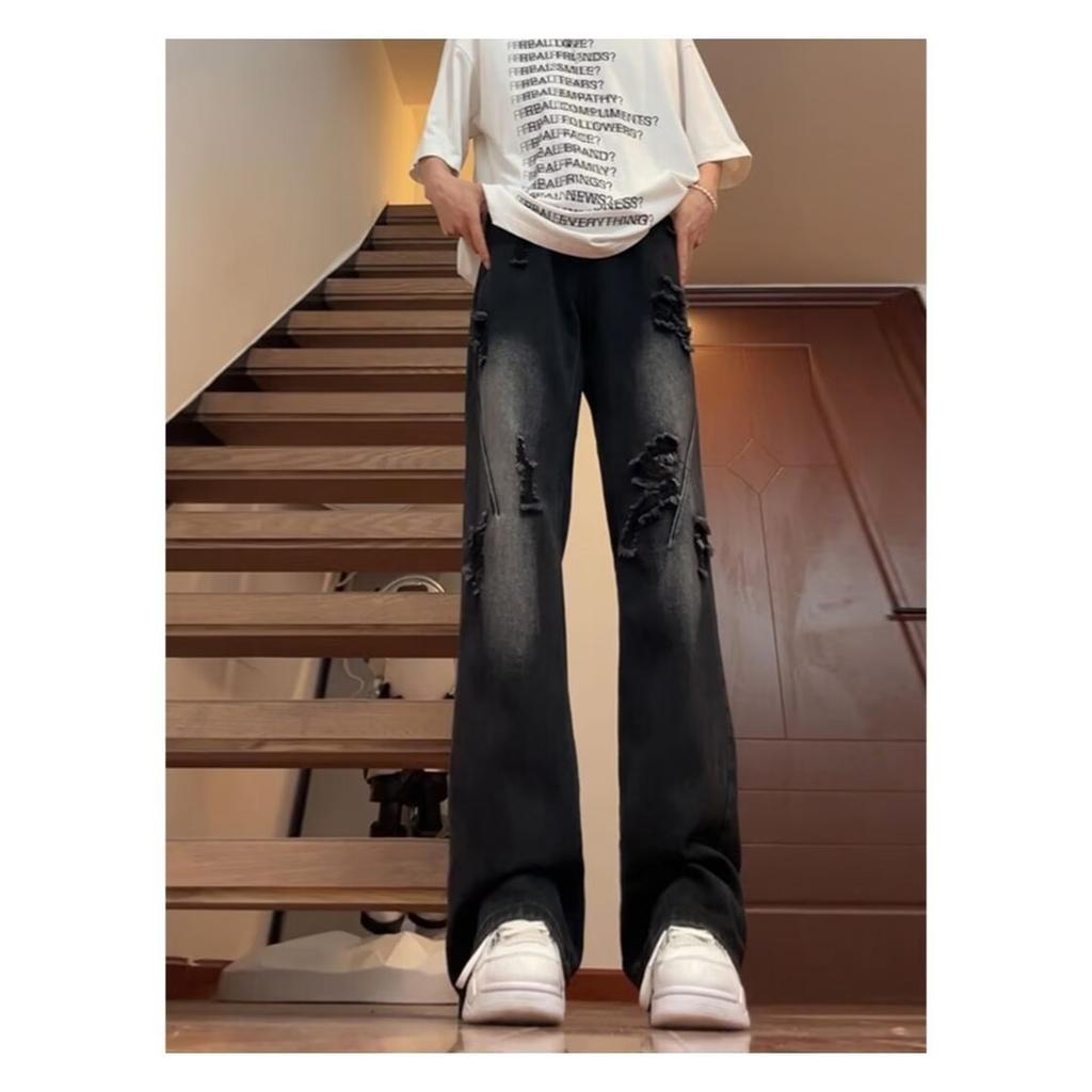 American street washed old ripped jeans men's spring and autumn straight loose European and American high street vibe wind long pants
