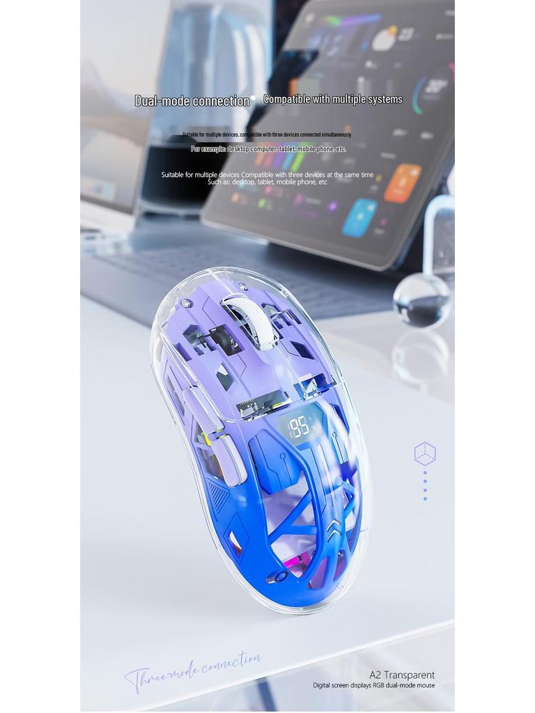 Free Wolf A2 Dual-Mode RGB Wireless Bluetooth Transparent Gaming Mouse