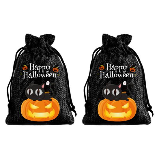 Handmade Style Party Bags 2Pcs Halloween Pumpkin Drawstring for Candy Treats, Retro Burlap Festival Totes Trick or Treat Bags, Portable Goodie