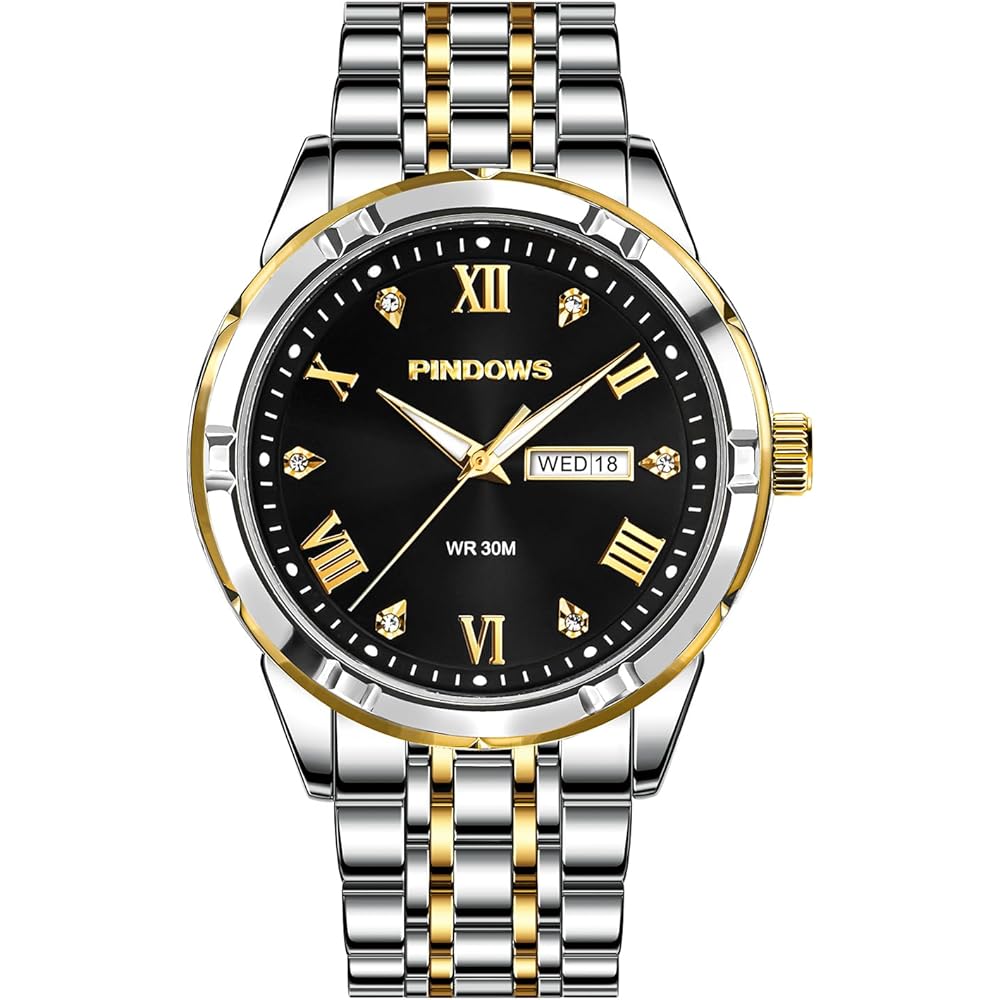 PINDOWS Men s Business Watch with Calendar, Date Display, Luminous Index, Quartz Analog, Stainless Steel, 3ATM Water Resistant