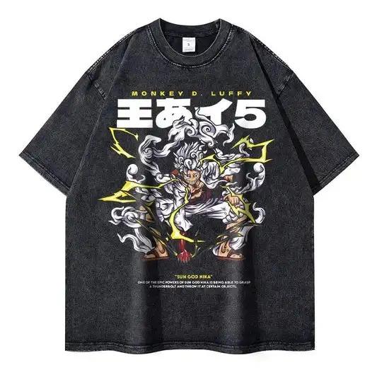 Japan Hot-blooded Anime One Piece Luffy Graphic Print T-Shirt Men Women Vintage Washed Cotton Summer New Tee Streetwear Y2K Fashion Oversized Top