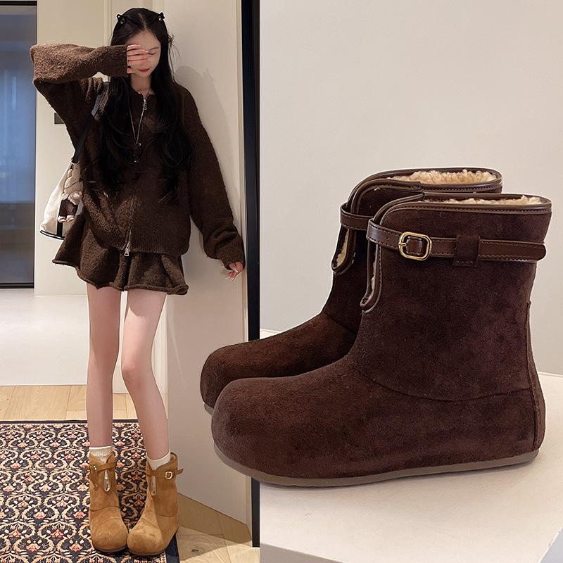 Women's Thick Bottom Short Belt Buckle Winter Lightweight Warm Fur One Plush Snow Boots Non-slip Wear Casual Sports Cotton Boots