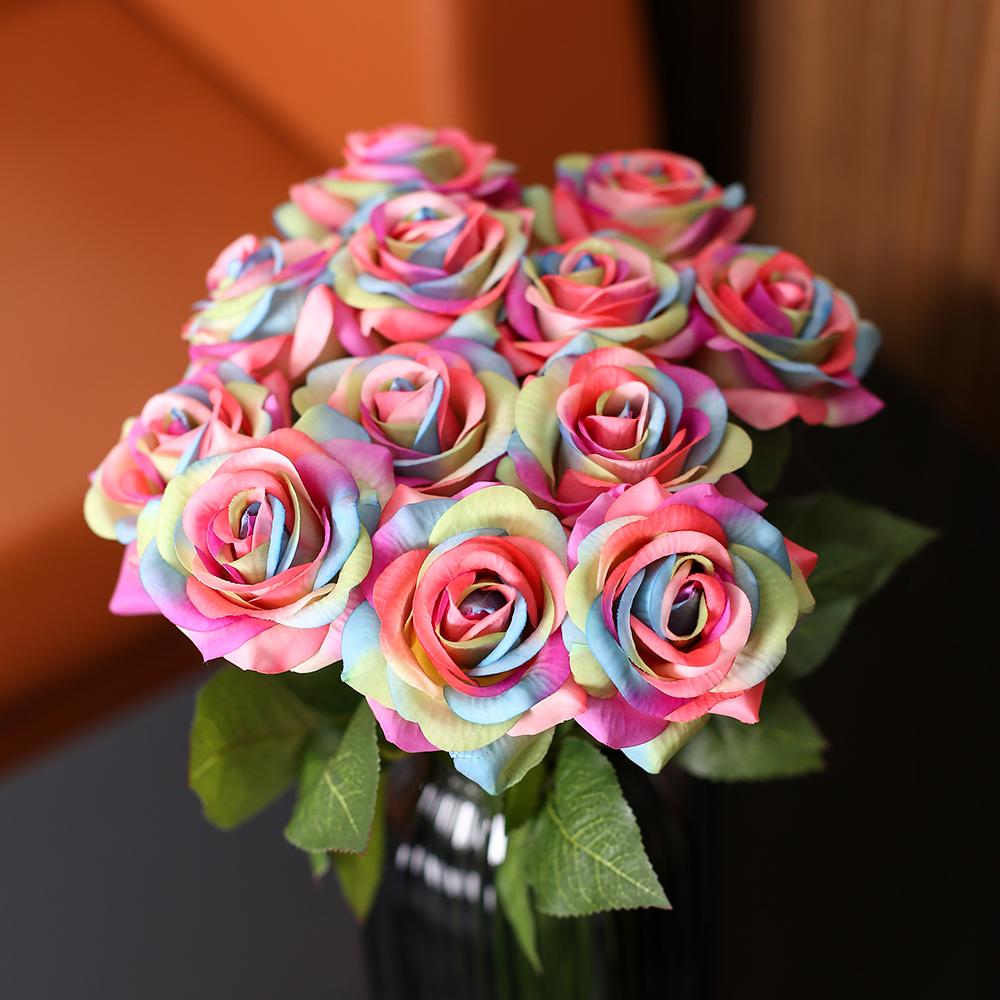 12 Stück Valentinstag Regenbogen Künstliche Rose Blume Echte Haptik Regenbogen Seidenrose Blume Künstliche Rosen für Sträuße Hochzeitsparty Babyparty Heimdeko
