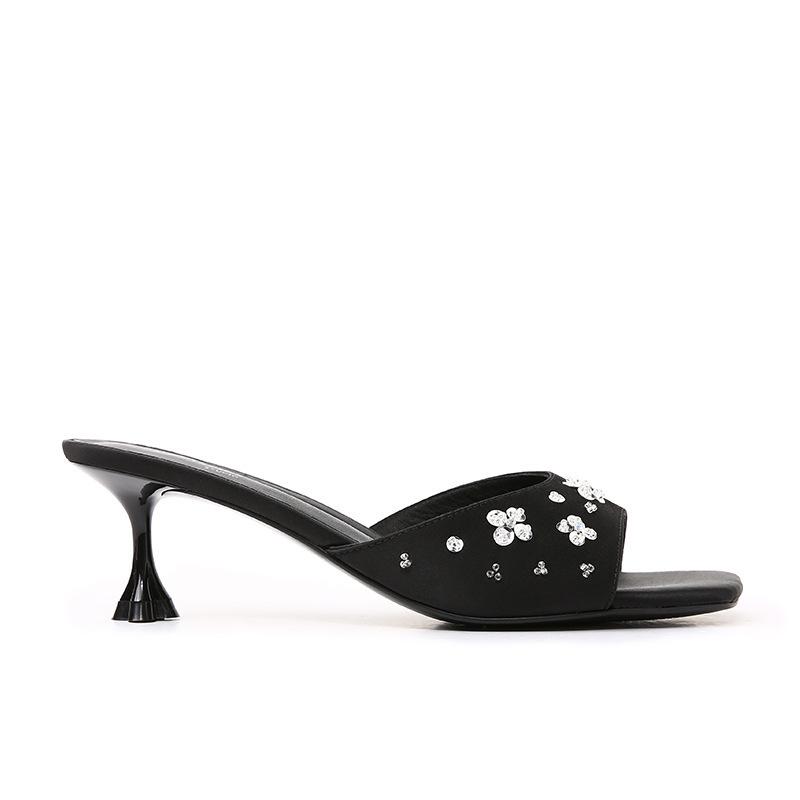 Socialite Style: Rhinestone Satin Square Toe Kitten Heel Sandals for Women - Perfect for Outdoor Summer Wear