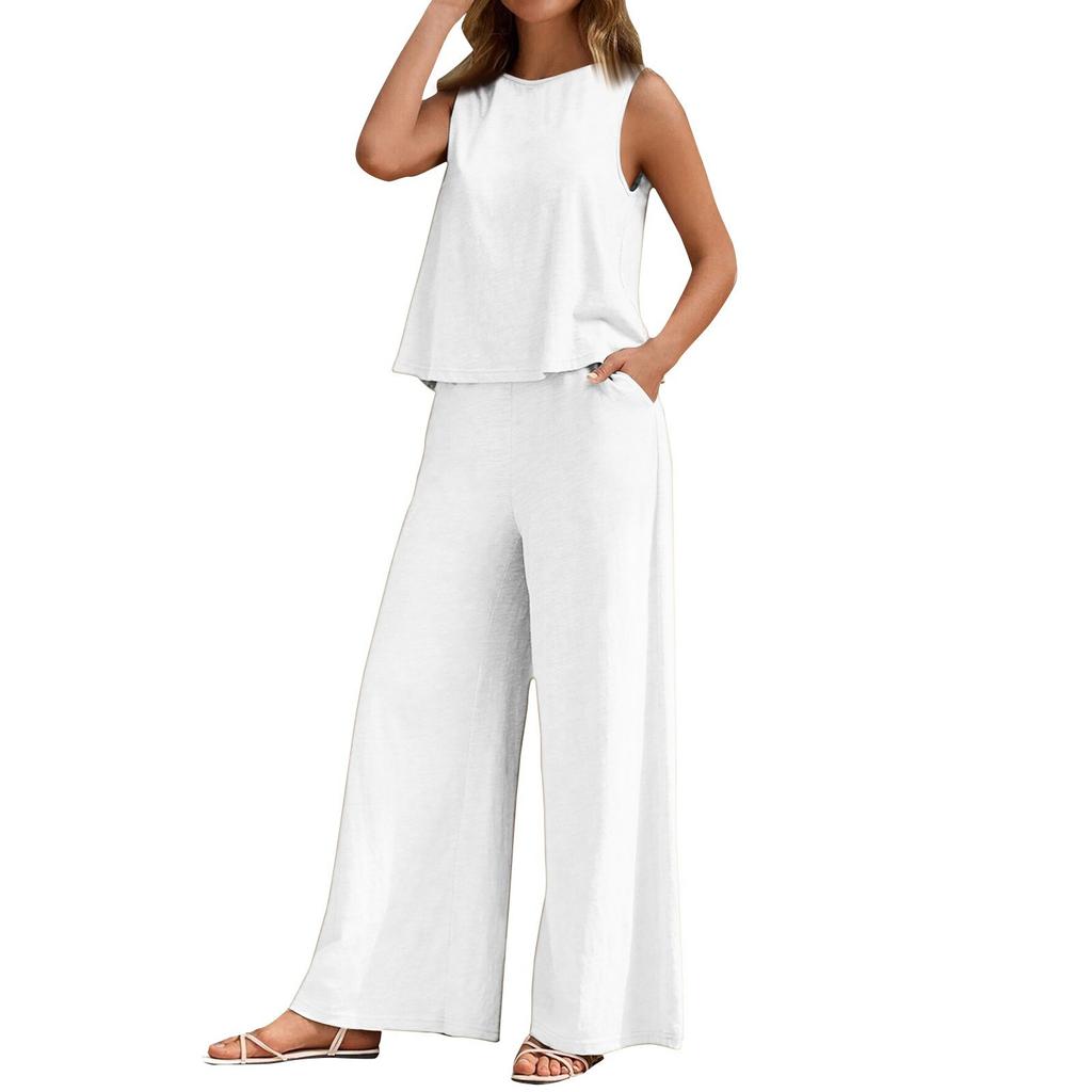 Fashion Ladies Solid Color Elegant Two Piece Round Neck Vest And Wide Leg Pants Suit Women's Clothing