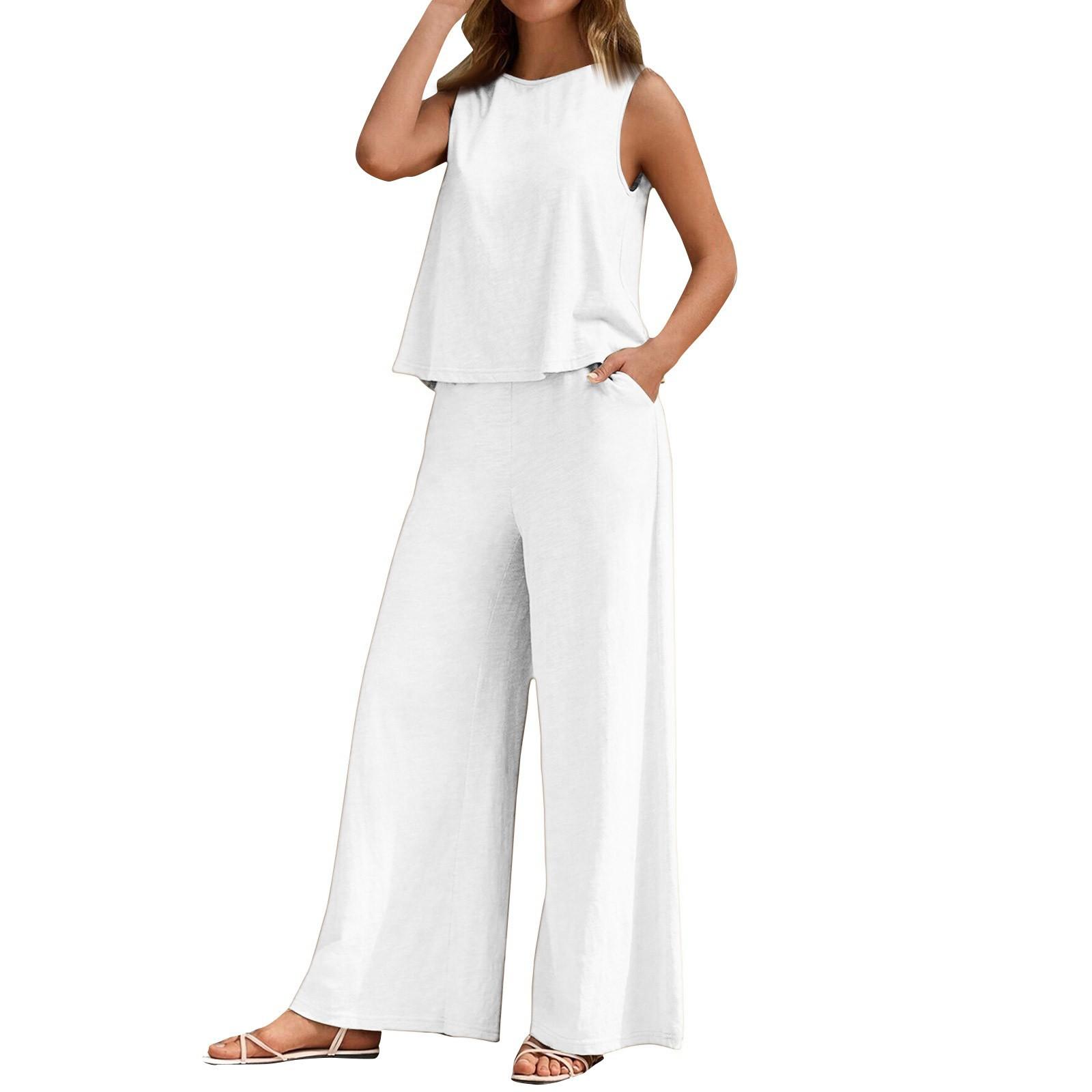 

Модный женский однотонный элегантный двухсекционный жилет с круглым вырезом и широкие брюки костюм женская одежда M