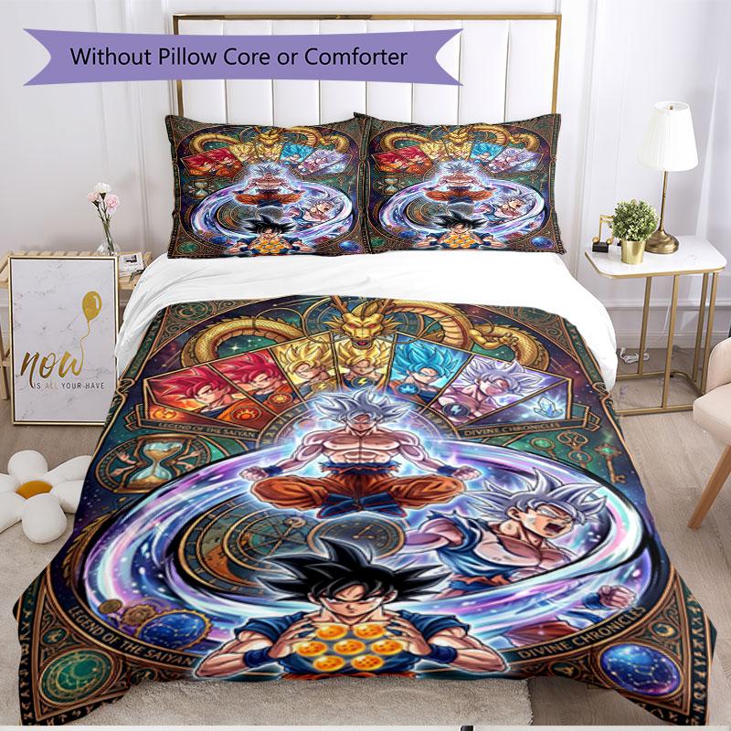 Set cuvertură de pilota 3 buc (1 * Husă de pilota + 2 * Față de pernă, Fără Miez), Set de așternut moale cu imprimeu Dragon Ball pentru toate anotimpurile, Cadou pentru decorarea dormitorului de acasă