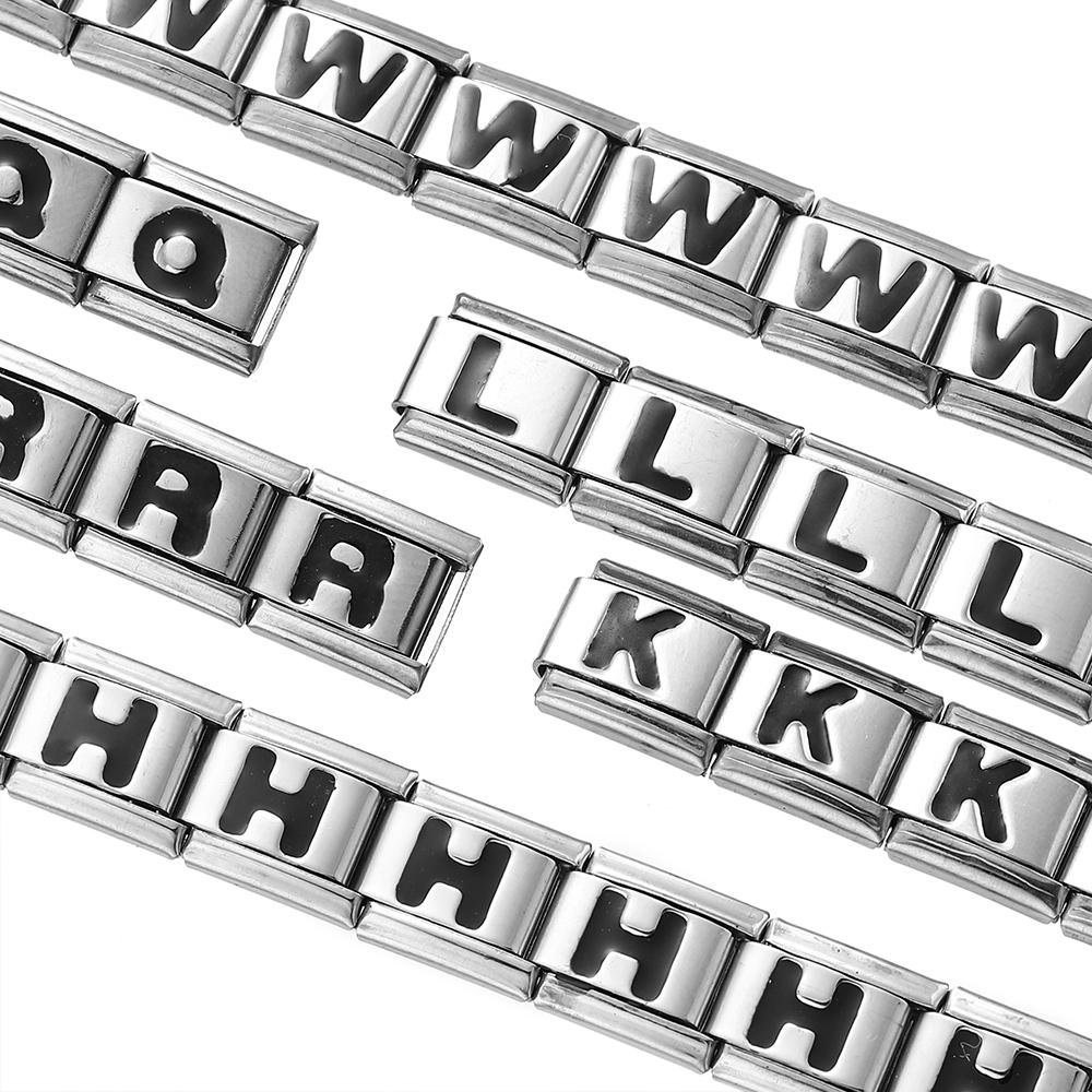 Fashion Black 26 English Letters Italian Charm Links Fit 9mm Stainless Steel Bracelet Making Women Men Jewelry Accessories